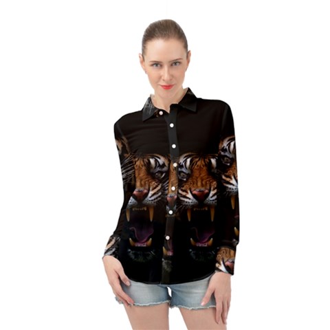 Tiger Angry Nima Face Wild Long Sleeve Chiffon Shirt by Cemarart