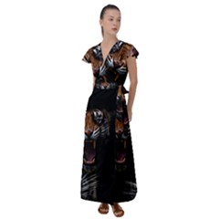 Tiger Angry Nima Face Wild Flutter Sleeve Maxi Dress by Cemarart