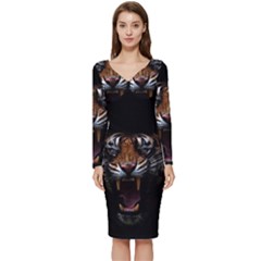 Tiger Angry Nima Face Wild Long Sleeve V-neck Bodycon Dress  by Cemarart