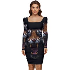 Tiger Angry Nima Face Wild Women Long Sleeve Ruched Stretch Jersey Dress by Cemarart