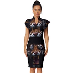 Tiger Angry Nima Face Wild Vintage Frill Sleeve V-neck Bodycon Dress by Cemarart