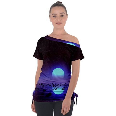 Sunset Colorful Nature Night Purple Star Off Shoulder Tie-up T-shirt by Cemarart