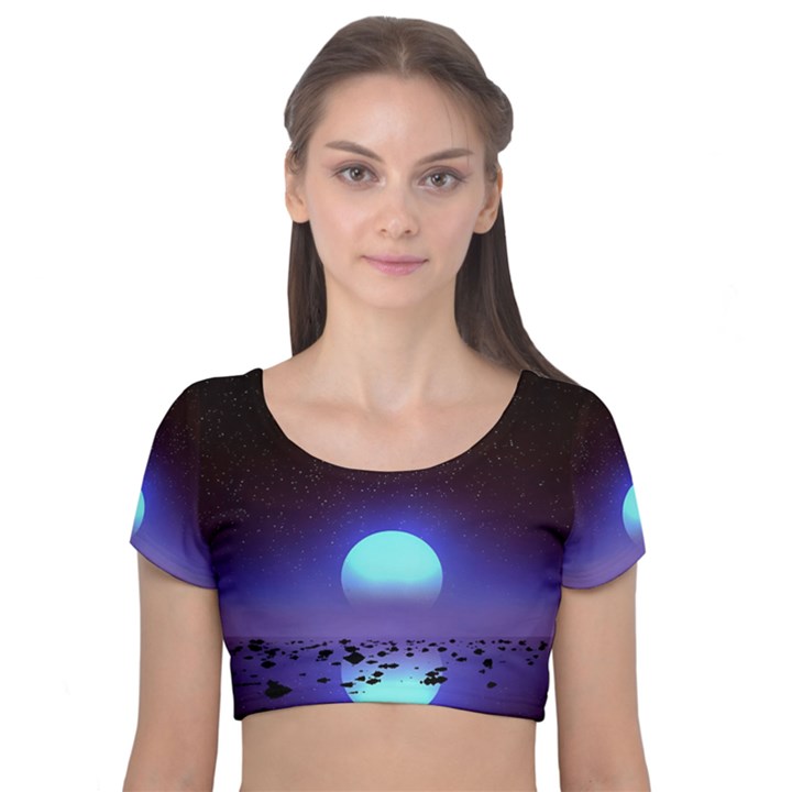 Sunset Colorful Nature Night Purple Star Velvet Short Sleeve Crop Top 