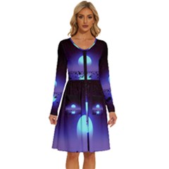 Sunset Colorful Nature Night Purple Star Long Sleeve Dress With Pocket by Cemarart