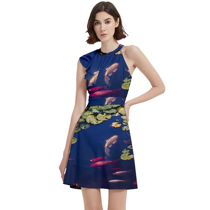 Koi Fish Carp Cocktail Party Halter Sleeveless Dress With Pockets