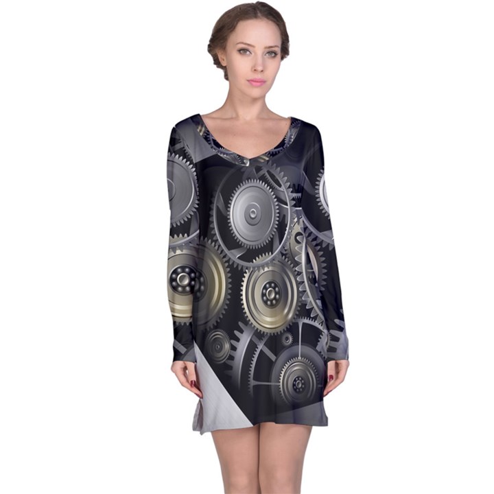 Abstract Style Gears Gold Silver Long Sleeve Nightdress