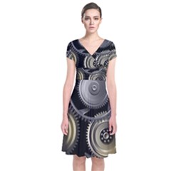 Abstract Style Gears Gold Silver Short Sleeve Front Wrap Dress by Cemarart