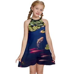 Koi Fish Carp Kids  Halter Collar Waist Tie Chiffon Dress by Cemarart