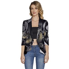 Abstract Style Gears Gold Silver Women s 3/4 Sleeve Ruffle Edge Open Front Jacket by Cemarart