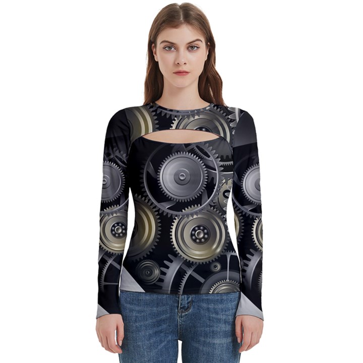 Abstract Style Gears Gold Silver Women s Cut Out Long Sleeve T-Shirt