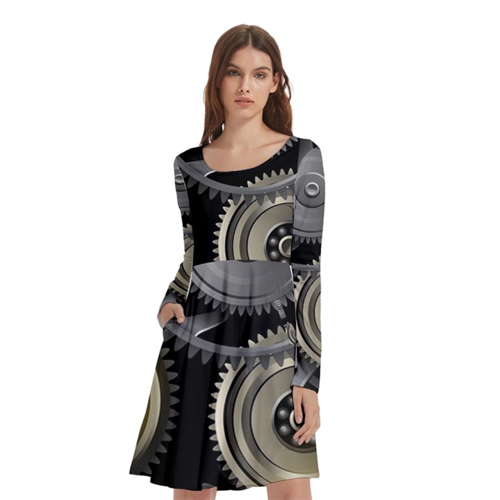 Abstract Style Gears Gold Silver Long Sleeve Knee Length Skater Dress With Pockets