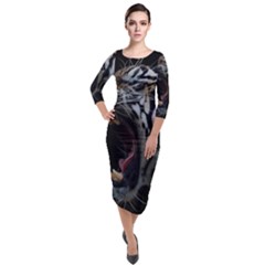 Angry Tiger Roar Quarter Sleeve Midi Velour Bodycon Dress by Cemarart