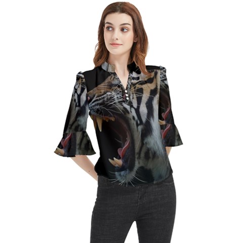 Angry Tiger Roar Loose Horn Sleeve Chiffon Blouse by Cemarart