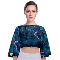 Fish Koi Carp Tie Back Butterfly Sleeve Chiffon Top by Cemarart