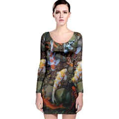 Koi Fish Clown Pool Stone Long Sleeve Velvet Bodycon Dress by Cemarart