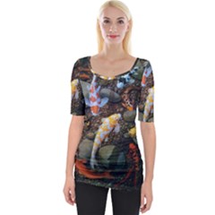 Koi Fish Clown Pool Stone Wide Neckline T-shirt