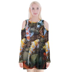 Koi Fish Clown Pool Stone Velvet Long Sleeve Shoulder Cutout Dress by Cemarart