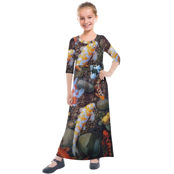 Koi Fish Clown Pool Stone Kids  Quarter Sleeve Maxi Dress