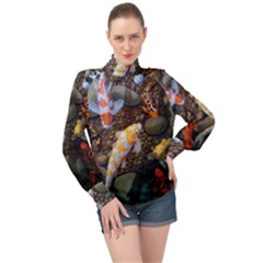 Koi Fish Clown Pool Stone High Neck Long Sleeve Chiffon Top by Cemarart