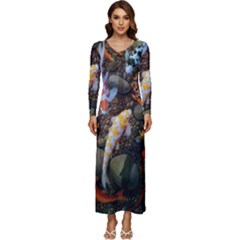 Koi Fish Clown Pool Stone Long Sleeve Longline Maxi Dress by Cemarart