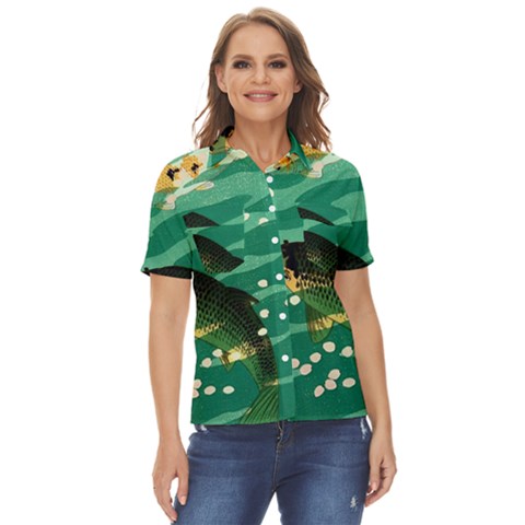 Japanese Koi Fish Women s Short Sleeve Double Pocket Shirt by Cemarart