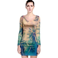 Palm Trees Beauty Nature Clouds Summer Long Sleeve Bodycon Dress by Cemarart