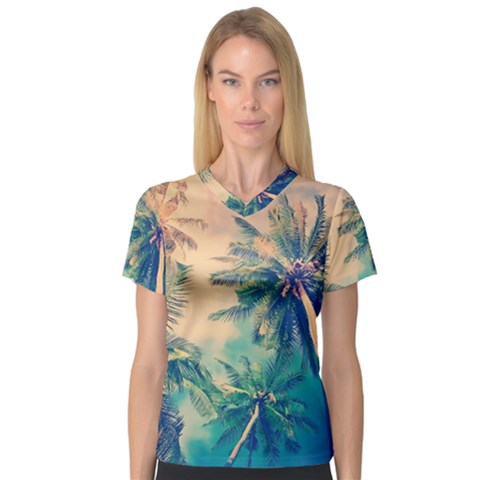 Palm Trees Beauty Nature Clouds Summer V-neck Sport Mesh T-shirt by Cemarart