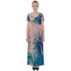 Palm Trees Beauty Nature Clouds Summer High Waist Short Sleeve Maxi Dress by Cemarart