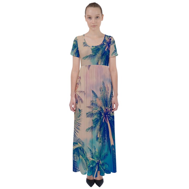 Palm Trees Beauty Nature Clouds Summer High Waist Short Sleeve Maxi Dress