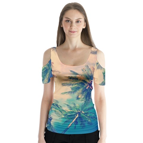 Palm Trees Beauty Nature Clouds Summer Butterfly Sleeve Cutout T-shirt  by Cemarart