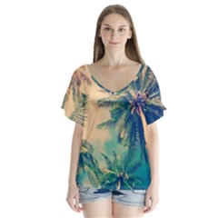 Palm Trees Beauty Nature Clouds Summer V-neck Flutter Sleeve Top by Cemarart