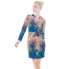 Palm Trees Beauty Nature Clouds Summer Button Long Sleeve Dress by Cemarart