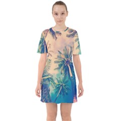 Palm Trees Beauty Nature Clouds Summer Sixties Short Sleeve Mini Dress by Cemarart