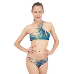 Palm Trees Beauty Nature Clouds Summer High Neck Bikini Set by Cemarart