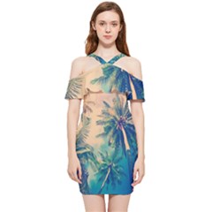 Palm Trees Beauty Nature Clouds Summer Shoulder Frill Bodycon Summer Dress by Cemarart