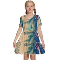 Palm Trees Beauty Nature Clouds Summer Kids  Short Sleeve Tiered Mini Dress by Cemarart