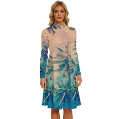 Palm Trees Beauty Nature Clouds Summer Long Sleeve Shirt Collar A-line Dress by Cemarart