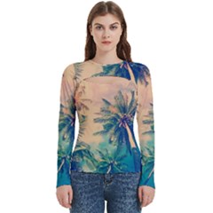 Palm Trees Beauty Nature Clouds Summer Women s Cut Out Long Sleeve T-shirt