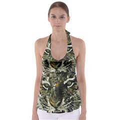 Angry Tiger Animal Broken Glasses Tie Back Tankini Top by Cemarart