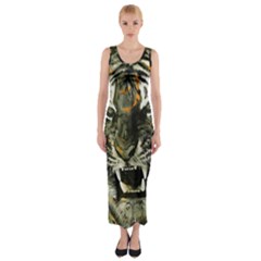 Angry Tiger Animal Broken Glasses Fitted Maxi Dress by Cemarart