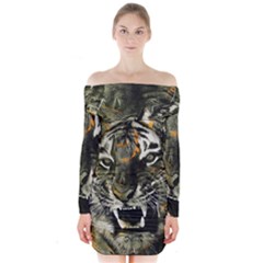 Angry Tiger Animal Broken Glasses Long Sleeve Off Shoulder Dress by Cemarart