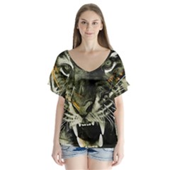 Angry Tiger Animal Broken Glasses V-neck Flutter Sleeve Top by Cemarart