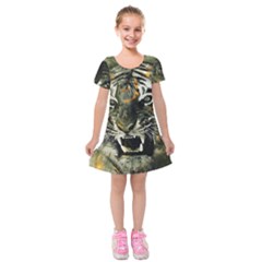 Angry Tiger Animal Broken Glasses Kids  Short Sleeve Velvet Dress by Cemarart