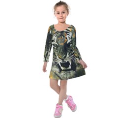 Angry Tiger Animal Broken Glasses Kids  Long Sleeve Velvet Dress by Cemarart