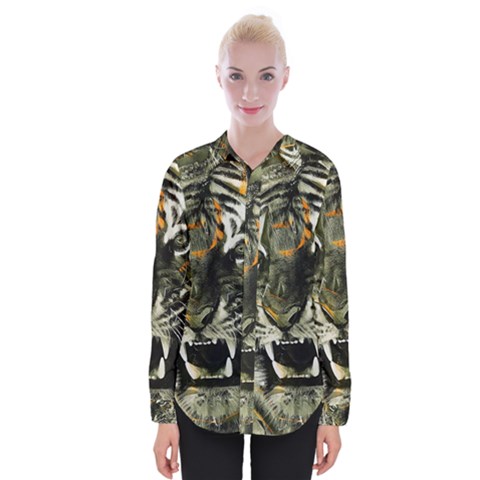 Angry Tiger Animal Broken Glasses Womens Long Sleeve Shirt by Cemarart