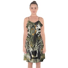 Angry Tiger Animal Broken Glasses Ruffle Detail Chiffon Dress by Cemarart