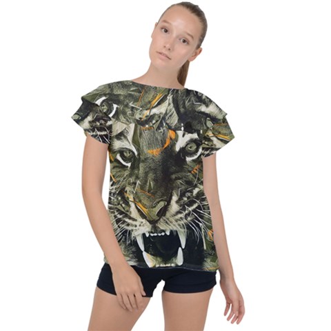 Angry Tiger Animal Broken Glasses Ruffle Collar Chiffon Blouse by Cemarart