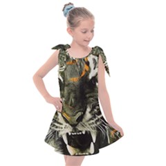 Angry Tiger Animal Broken Glasses Kids  Tie Up Tunic Dress by Cemarart