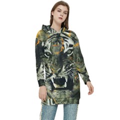 Angry Tiger Animal Broken Glasses Women s Long Oversized Pullover Hoodie by Cemarart