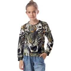 Angry Tiger Animal Broken Glasses Kids  Long Sleeve T-shirt With Frill 